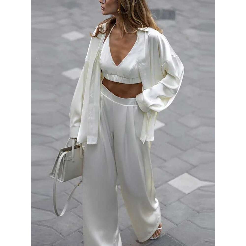 Sexy Bra Shirt Pants Suits Women Satin Lapel Long Sleeve Single Breasted Loose Blouse With Straight Trousers Chic Ladies Outfits