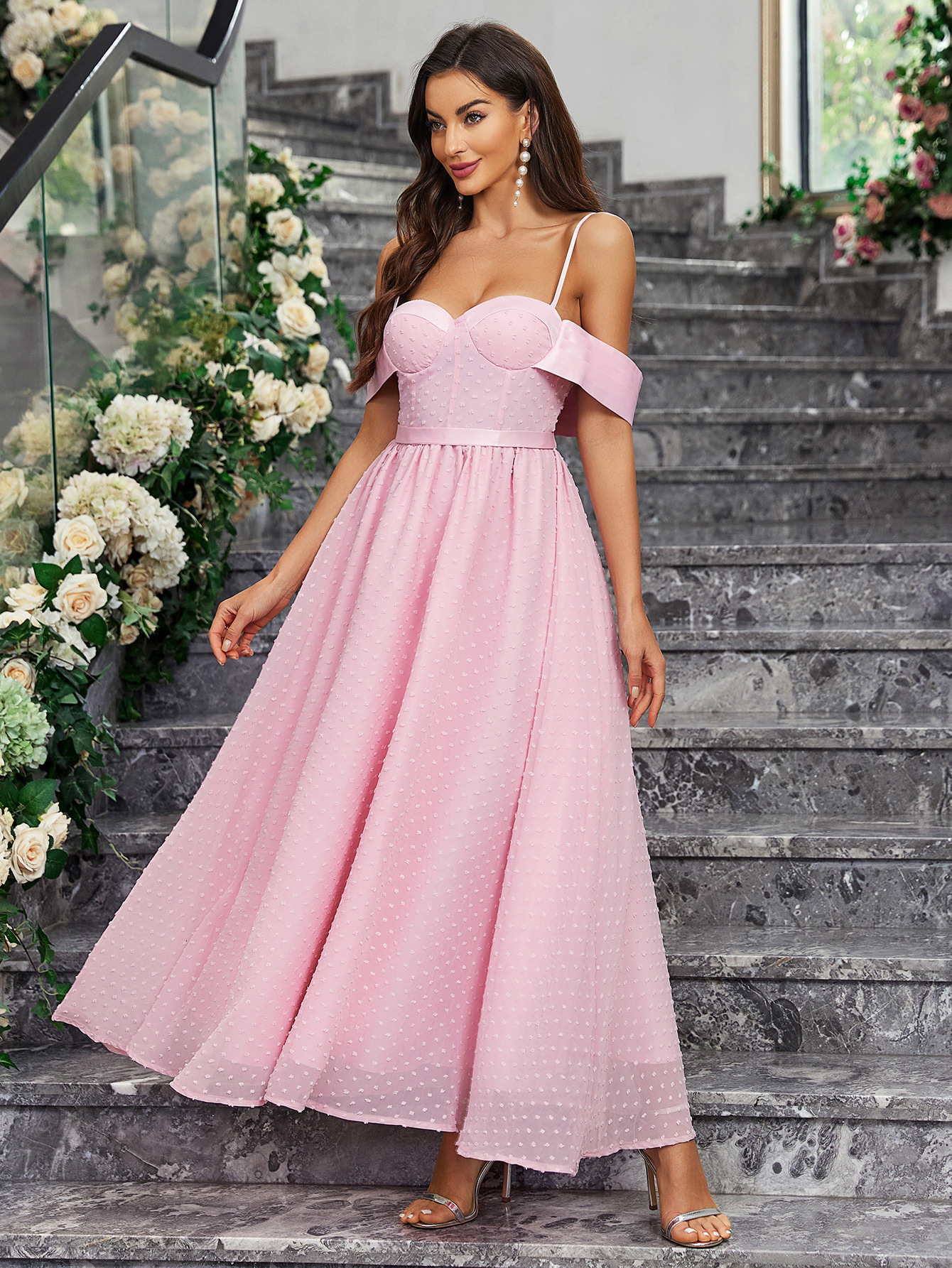 Summer new fashionable sweet backless mesh lace up sexy dress 2025 pink off shoulder