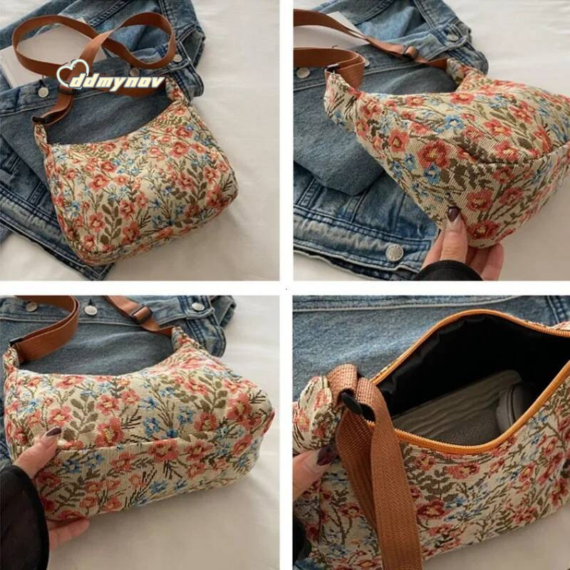 New Women Lady Bag Fashion Vintage Winter Versatile Literary Prints Cloth Crescent Pack Texture Temperament Crossbody Shoulder ddmynov