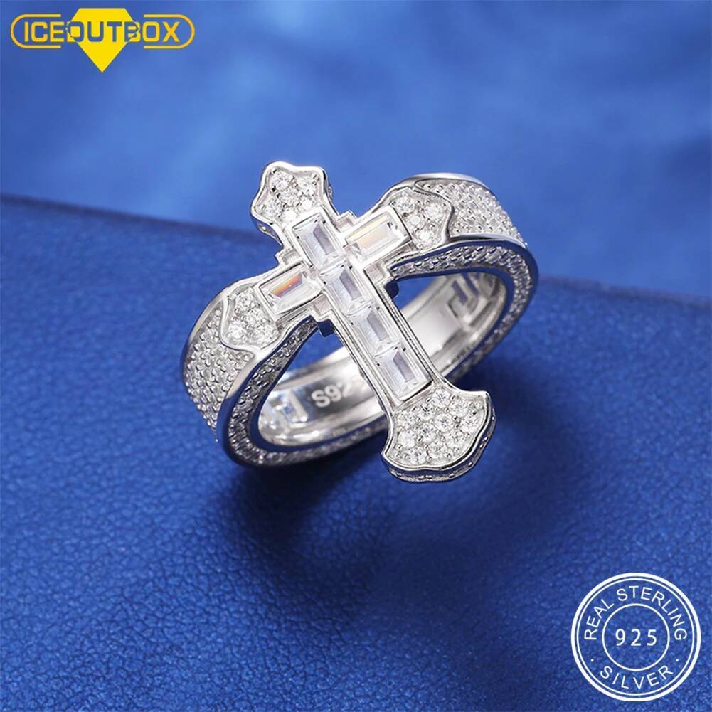 New Sterling Sier Cross Baguette Moissanite Rings for Women Men Wedding Dia Hip Hop Ring Fine Jewelry Christmas Gifts