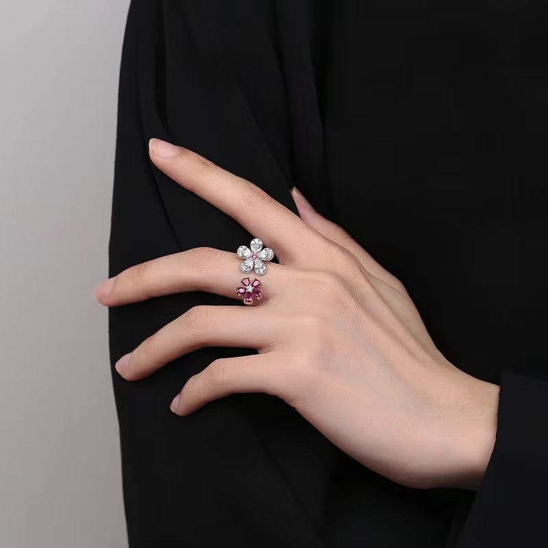 Creative 925 Sterling Silver Open-Ended Flower Ring with Red and White Diamonds, Elegant Floral Design, Perfect Gift for Girlfriend