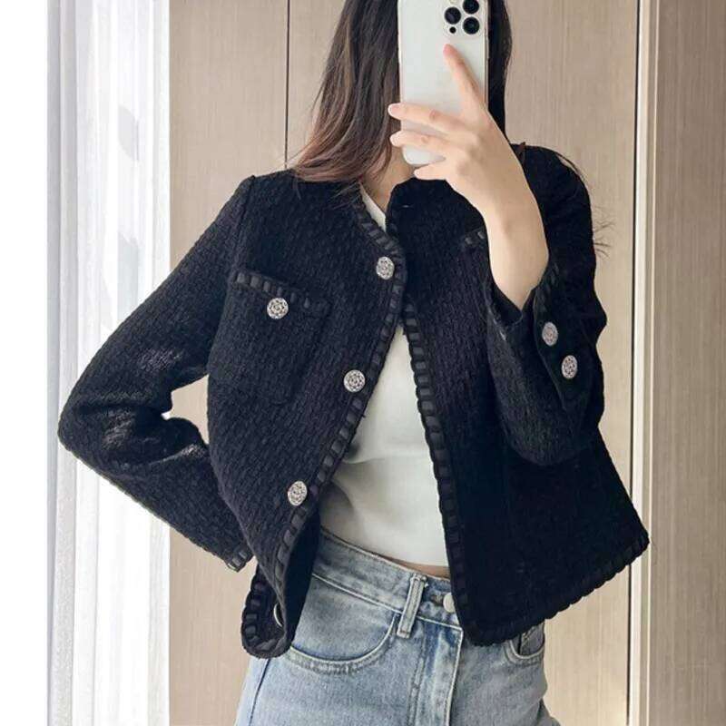 Black Tweed For Women's Autumn/Winter Tops, Short And Versatile Small Fragrant Woolen Jacket
