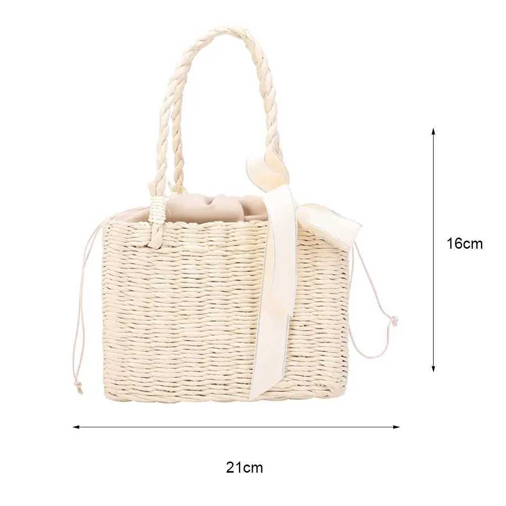 Women Fashion Rattan Silk Ribbon Handbag Straw Square Basket Vintage Tote Clutch W250524