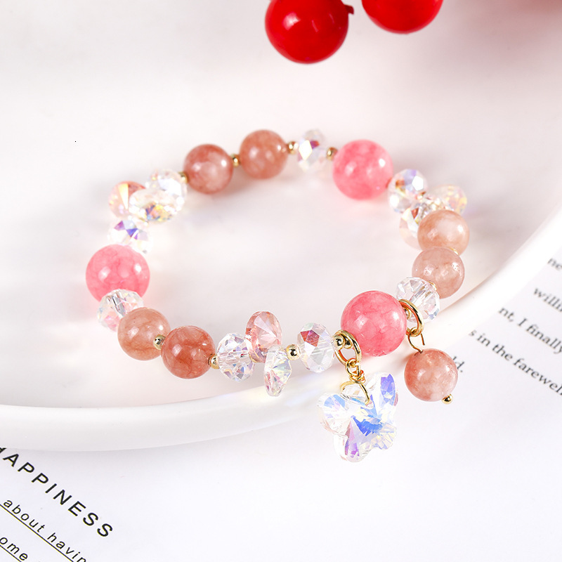 Transparent glass ball strawberry women's round bead jewelry, pink crystal bracelet, give girlfriend's birthday gift