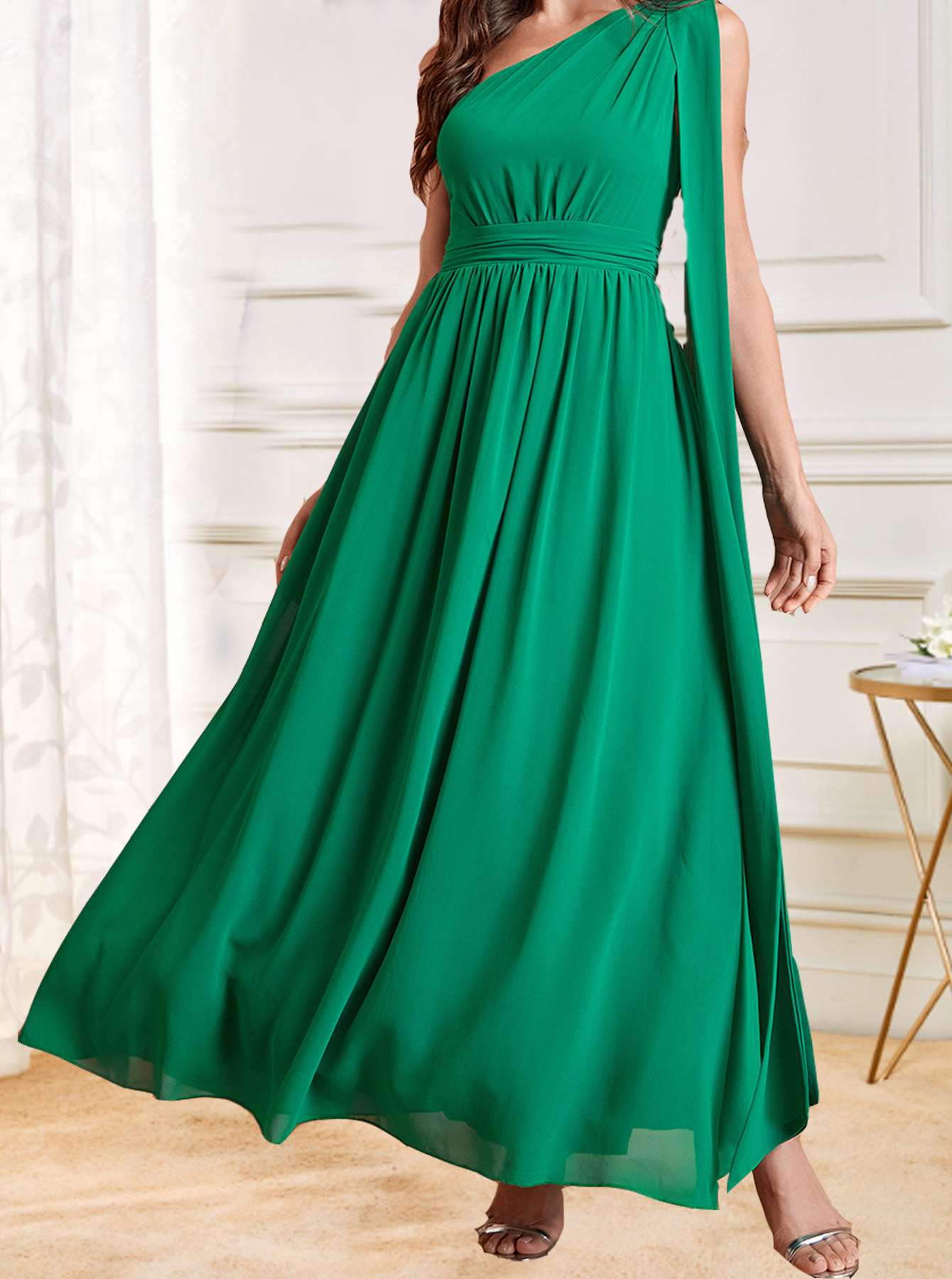 New womens dress with sloping shoulders and slim fit solid color long dress new chiffon dress