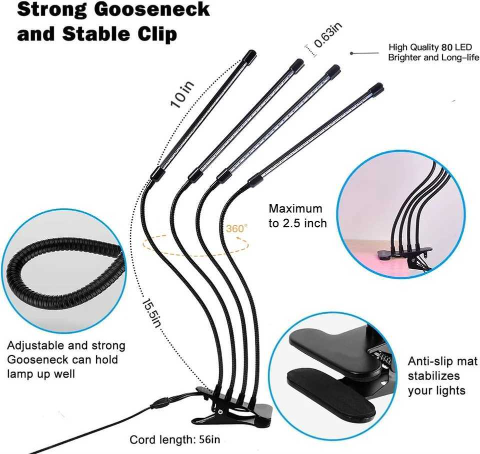 LED USB Clip Grow Light 3000K Full Spectrum Plant Lamp Timing Control Indoor Greenhouse Flower Seedling Phyto Lamp 1-5HeadsXJ250526