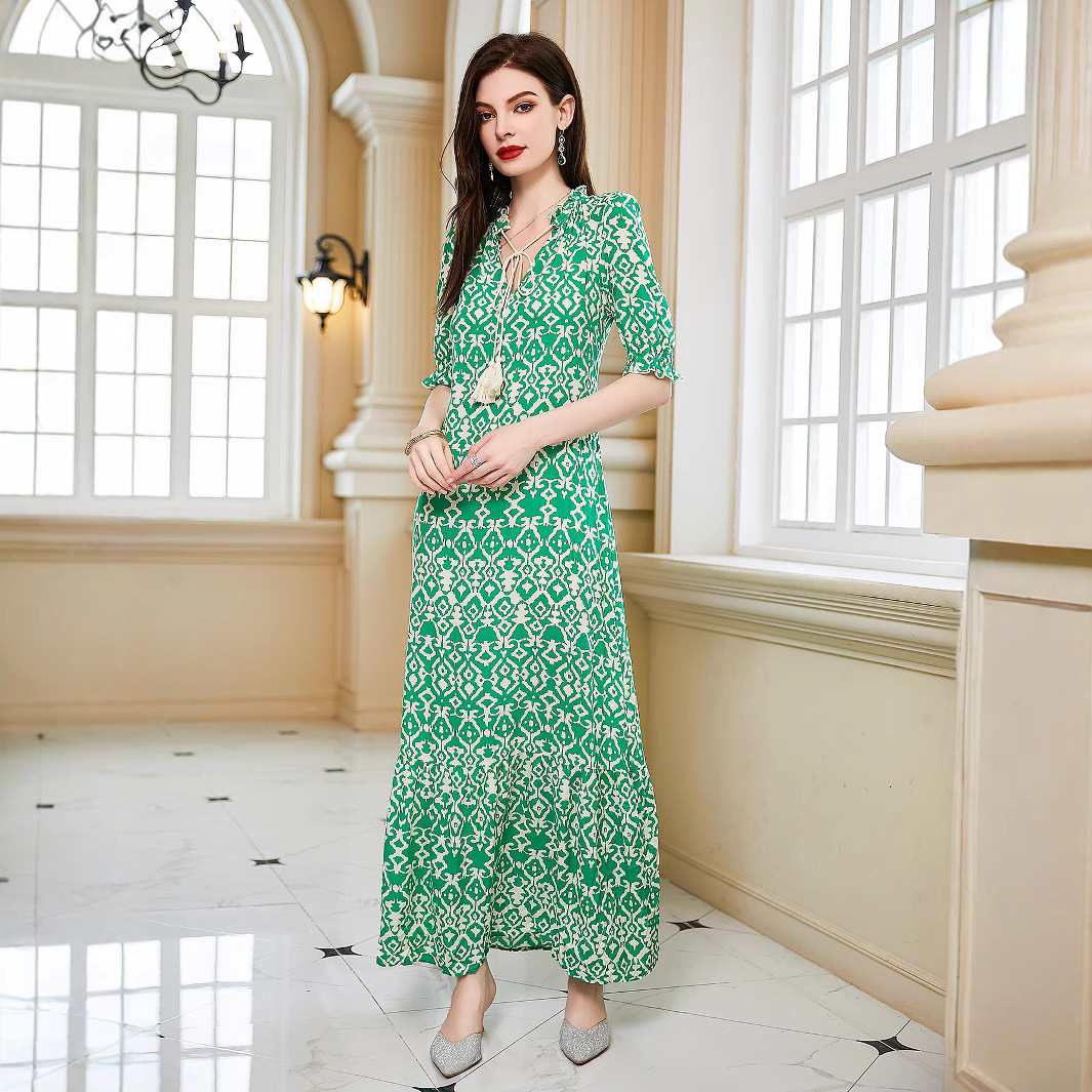 Summer New Womens Loose Medium Sleeve Dress Printed Beach Skirt