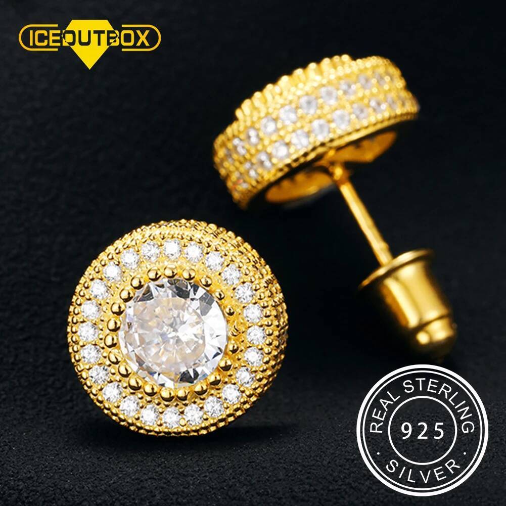 Hip Hop Micro Pave Round White Zircon Stud For Men Women Sterling Sier Rock Style Gold Iced Out Bling Earrings