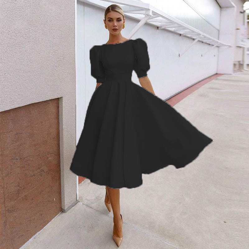Spring and summer new solid color slim womens dress fashion sexy big swing short sleeved middle skirt