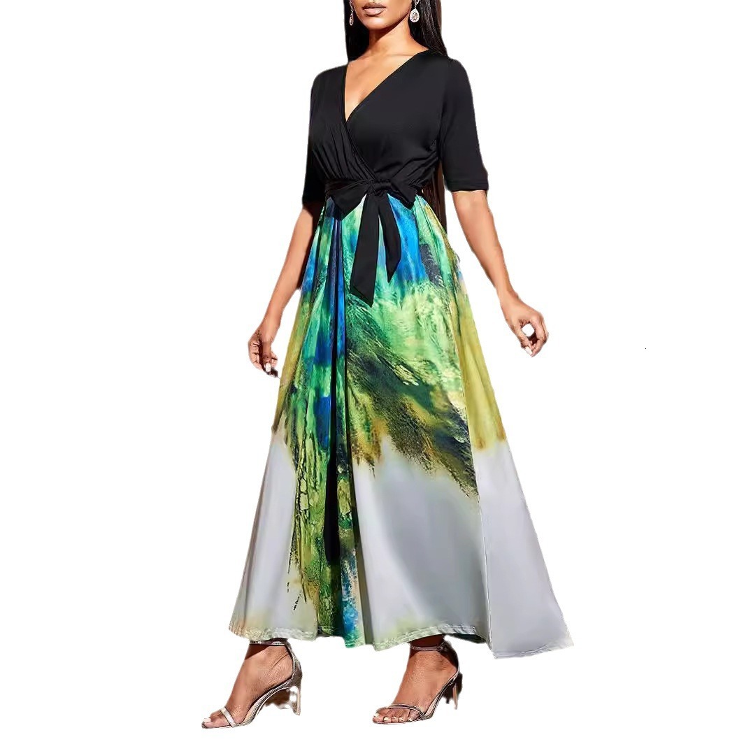 Dress sexy vacation beach dress summer short sleeved tropical printed mid length skirt