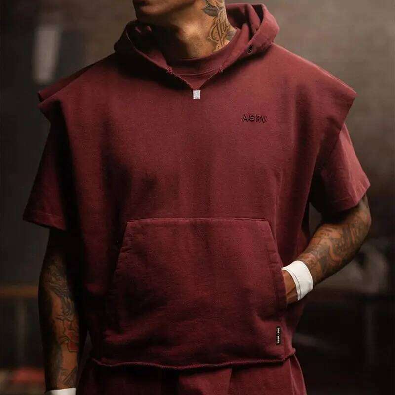 Korean Trend Trendy Loose Spring New Hooded Sleeveless T-Shirt Men's Solid Embroidery Patchwork Pockets Breathable Sports Tops