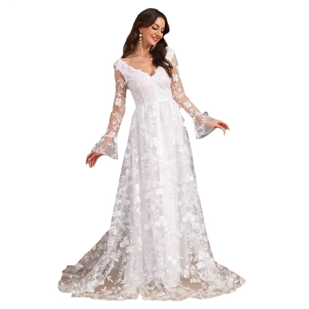 New womens clothing for autumn and winter long sleeves V-neck big hem trailing lace dress wedding dress