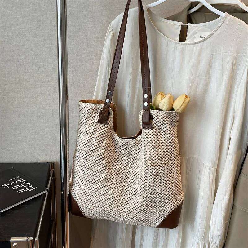 2025 Boho-Chic Raffia Tote, Convertible Beach Bag with Adjustable Strap, Spacious Woven Vacation Purse for Women