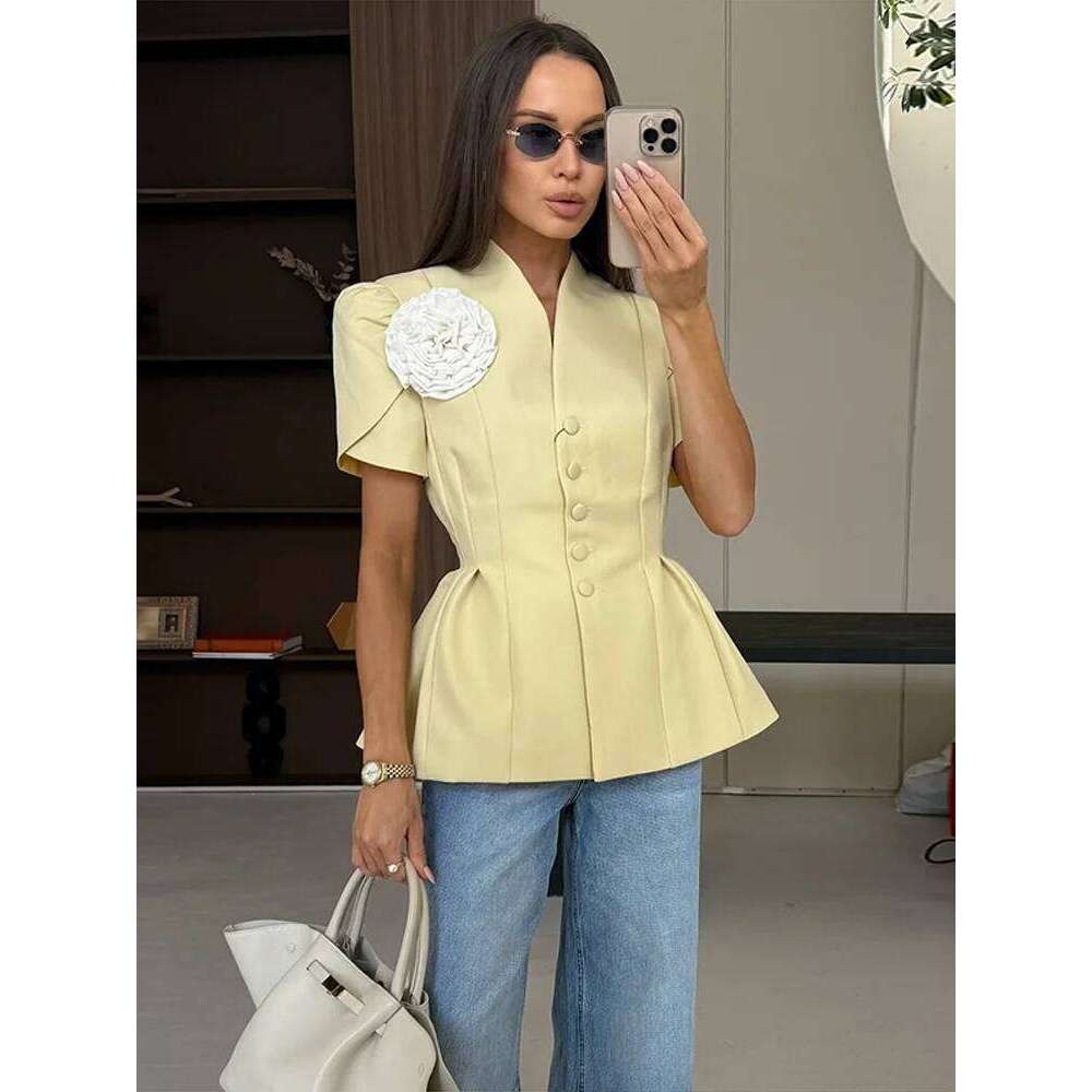 Elegant 3D Flower Women's Short Sleeve Top Coat Slim Stand Single-breasted Peplum Hem Jacket 2025 Summer New Commute Outerwear