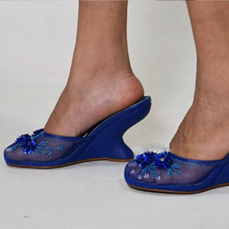 Mesh Beads Embroidered Closed Toe Wedge Slippers Woman Summer Flower Eva HalfCovered High Heel Sandals Outerwear 250526BJ - view 7