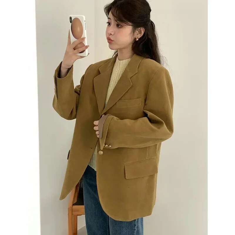 Modern Loose Cotton Corduroy Blazer Jacket With Gold Buckle Casual Style Mini Suit Coat For Women Dongdaemun Korea