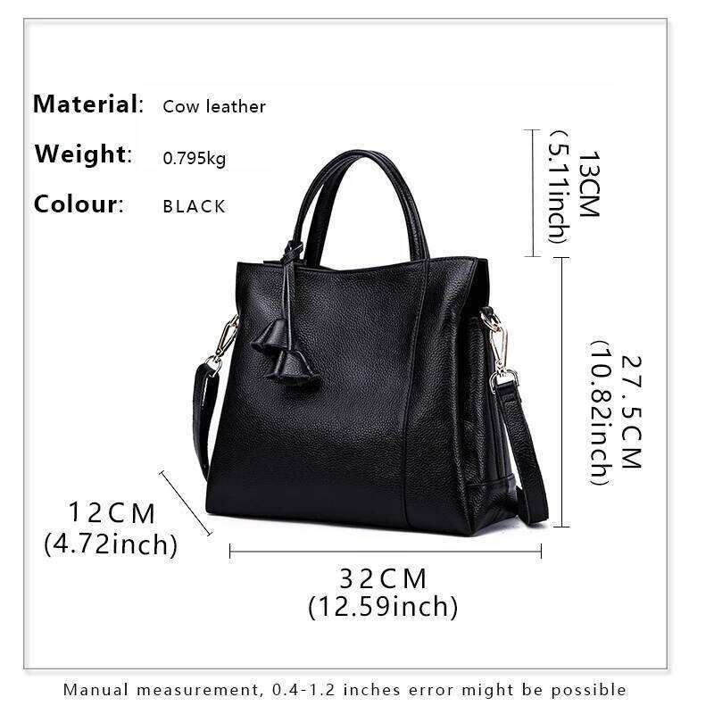 Cowhide women s handbag casual versatile black daily commuting single shoulder crossbody tote bag
