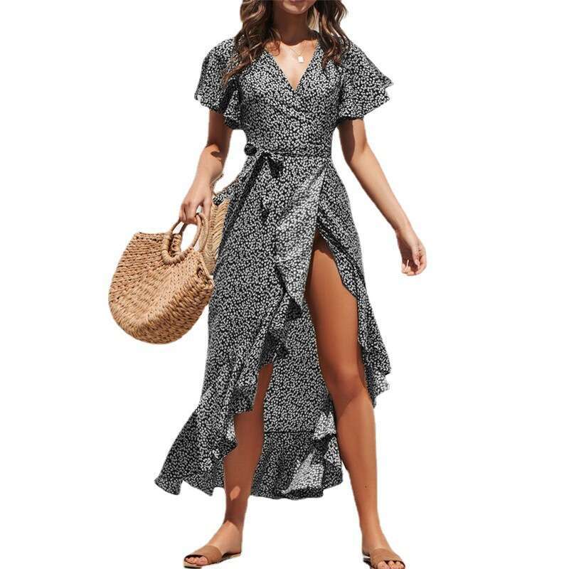 Backless Sexy Dress Spring Sexy V Neck Irregular High Waist Tie Chiffon Printed Dress Sexy Flowy Dresses