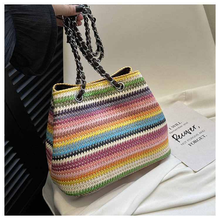 Free Shipping Designer Bag Women's Summer Woven Shoulder Bag Rainbow Striped Grass Woven Bag Large Capacity Chain Shopping Bag Leisure Vacation B