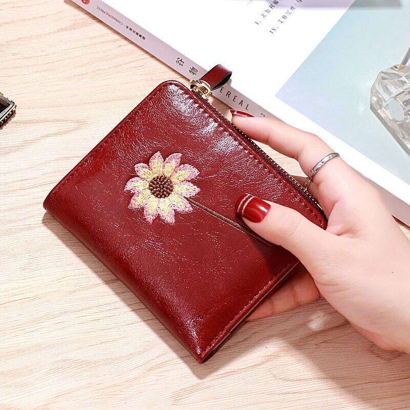 Women Purse Zipper Green Red Black Female Wallet PU Leather Card Holder Embroidery Ladies Money Bag