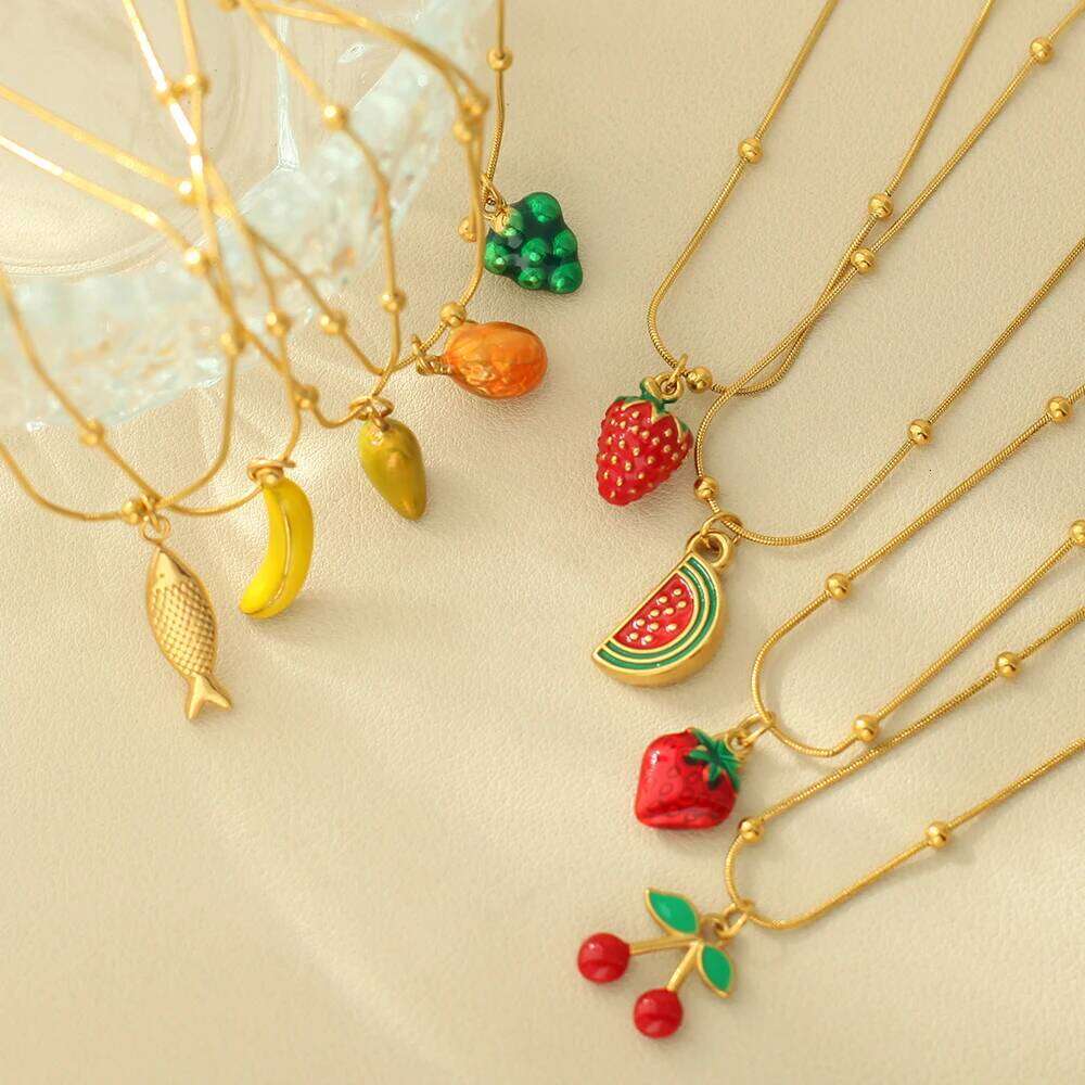 Summer Women's Stainless Steel Pendant Necklace Golden Chain Strawberry Watermelon Cherry Pendants Women Jewelry Sets Gift Trend