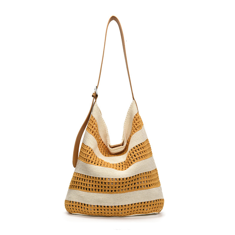 2025 Spring And Summer Striped Woven Bag Niche Design Contrast Color Striped Knitted Bag Women's Simple Hollow Hand-held Shoulder Bag