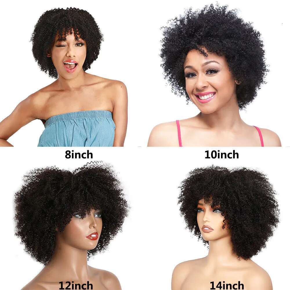 Pixie Cut Afro Kinky Wigs with Bangs Short Human Hair hine Made Curly Bob Wig