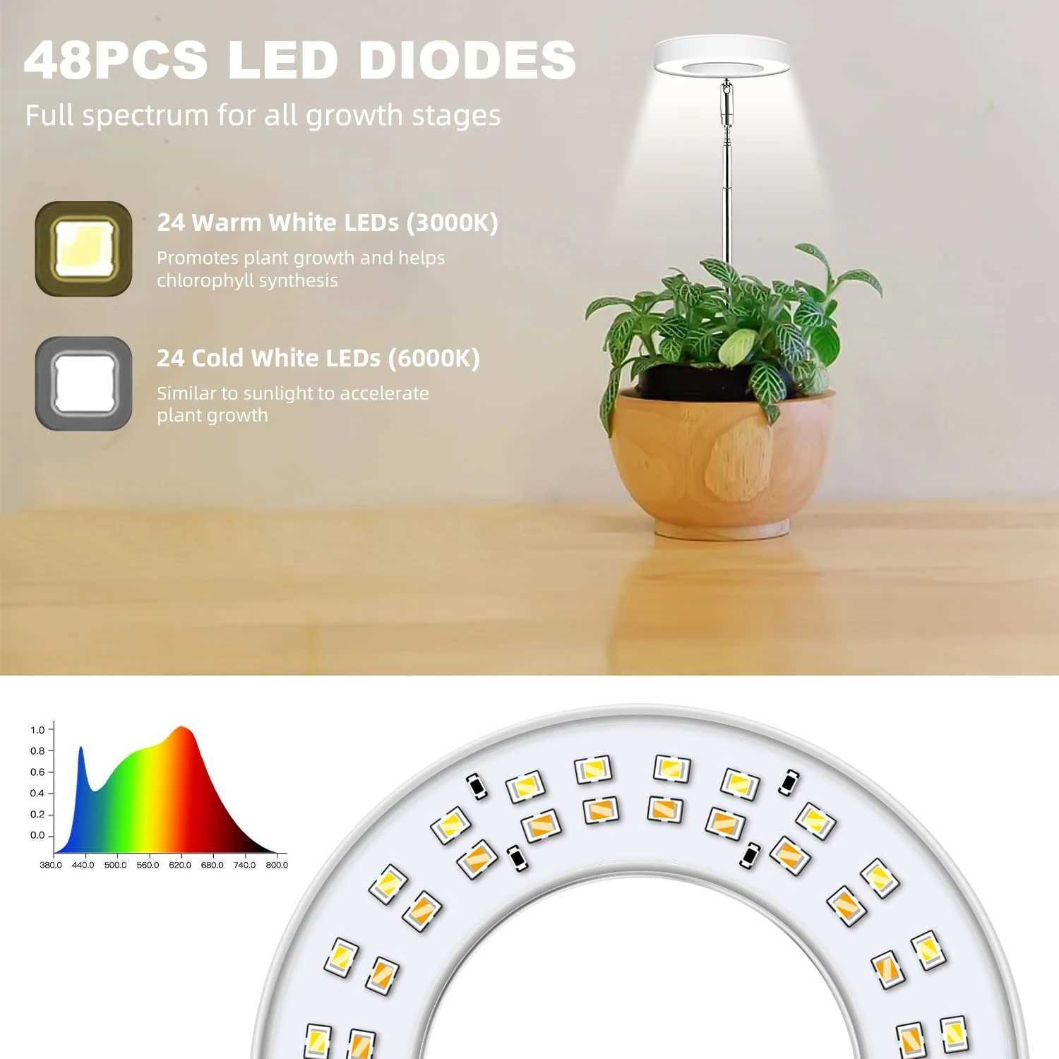 LED Ring Grow Lights Full Spectrum Halo Growing Lamp with Stand Base 3/6/12H Timer White Plant Light for Small Indoor GrowingXJ250526