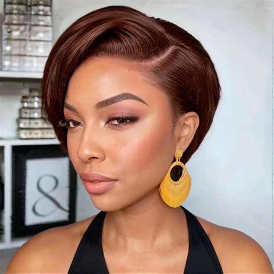 Highlight Color 13x4 Frontal WIgs Lace Pixie Cut Human Hair Short Bob Wig Orange for Black Wome