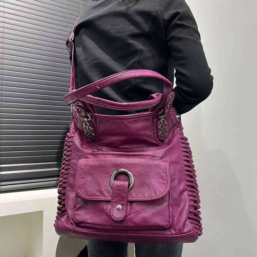 Women's Bags Designer Ladies' Fashion Street Y2k Hot Girl Washed Used Motorcycle Bag Large Capacity Retro Single Shoulder Handbag
