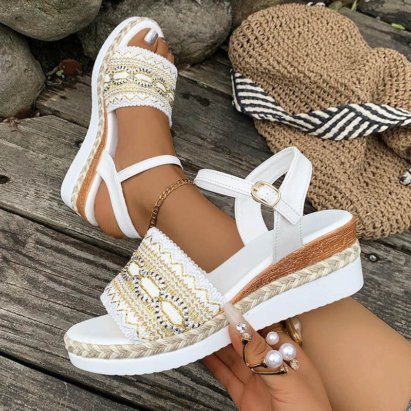 Plus Size Wedges Bohemian Sandals for Women Summer 2025 Platform Thick Bottom Sandles Woman Embroidery Lightweight Rome Sandals 250519