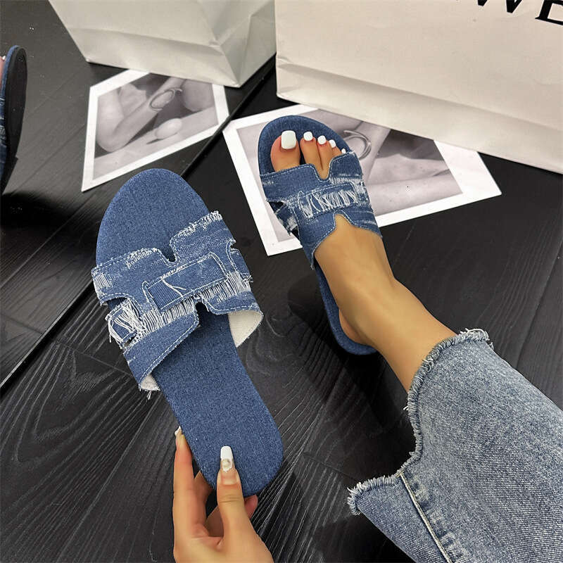 Large Women's Flat Slippers, Indoor And Outdoor Brushed Denim Sandals, One Line Lightweight Flat Sandals, Designer Sandals