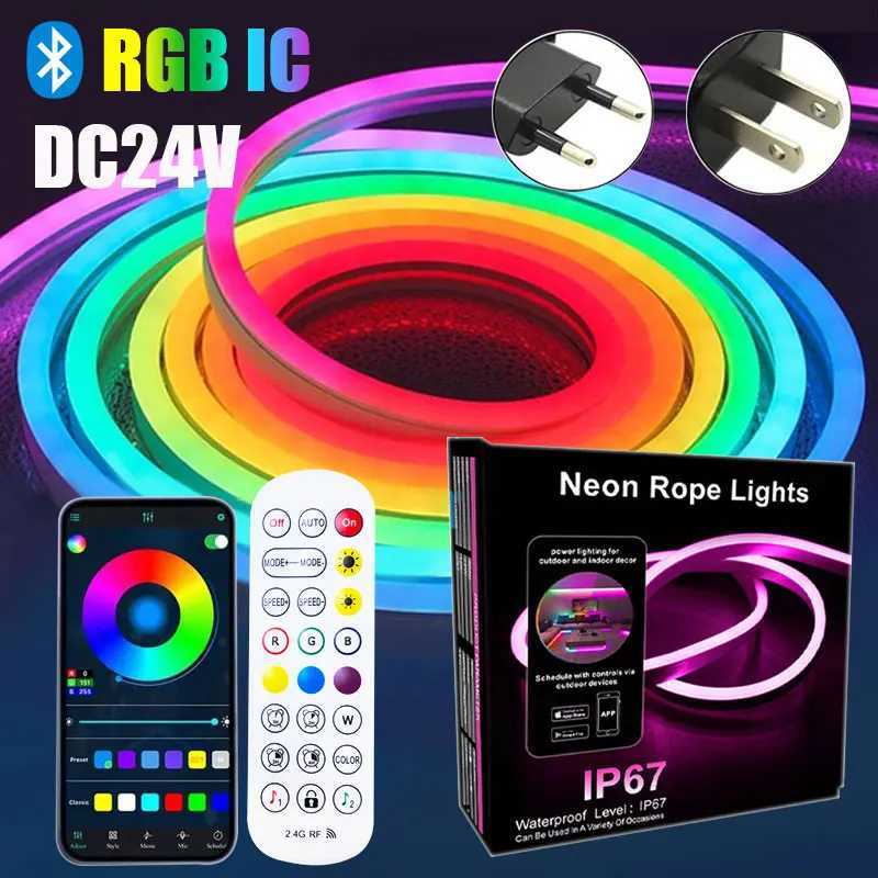 DC 24V RGB Neon LED Strip Light with Bluetooth 15/20 Meters 5M 10M Outdoor Waterproof Neon Rope Lights App Remote Control Band W250526