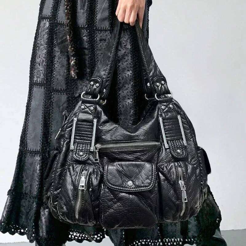 Women's Bags Designer Women's Fashion Y2k Hot Girl Distressed Tote Multi-Pocket Washed Vegan Leather Shoulder Bag