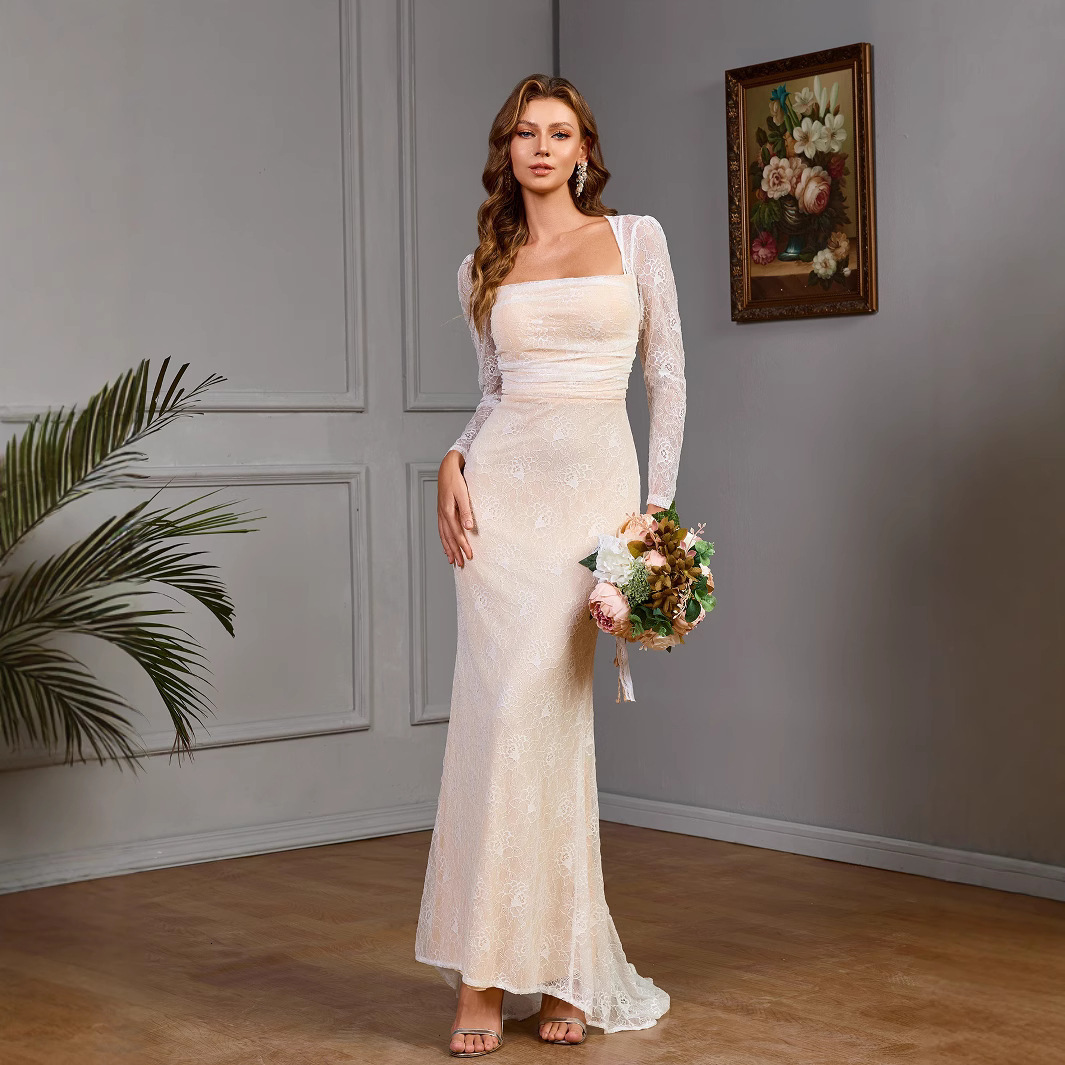 New sexy lace long sleeved slim fit wedding dress with hip wrap