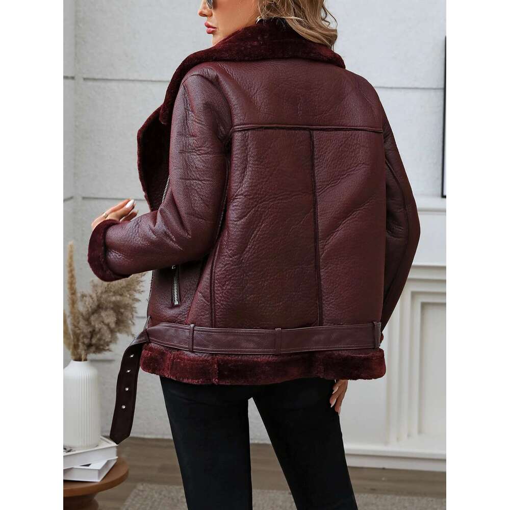 Fitaylor Winter Women Faux Fur High Street Motorcycle Outwear Casual Lady Thick Warm Leather Jacket