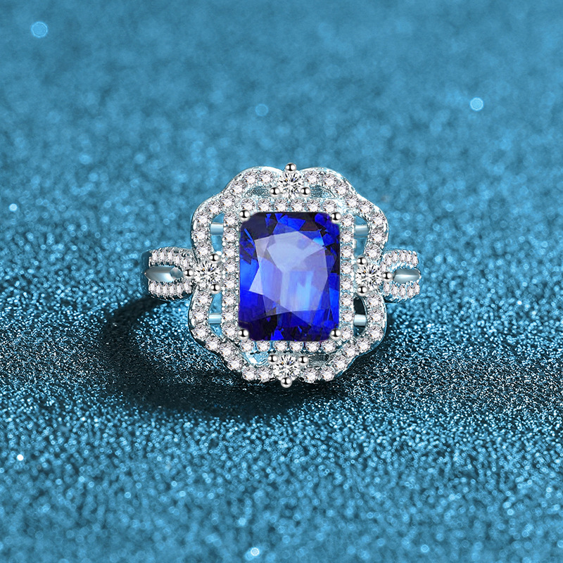 Elegant Emerald Cut Blue Gemstone Ring for Women, Double Halo 925 Sterling Silver Statement Cocktail Jewelry for Party or Gift
