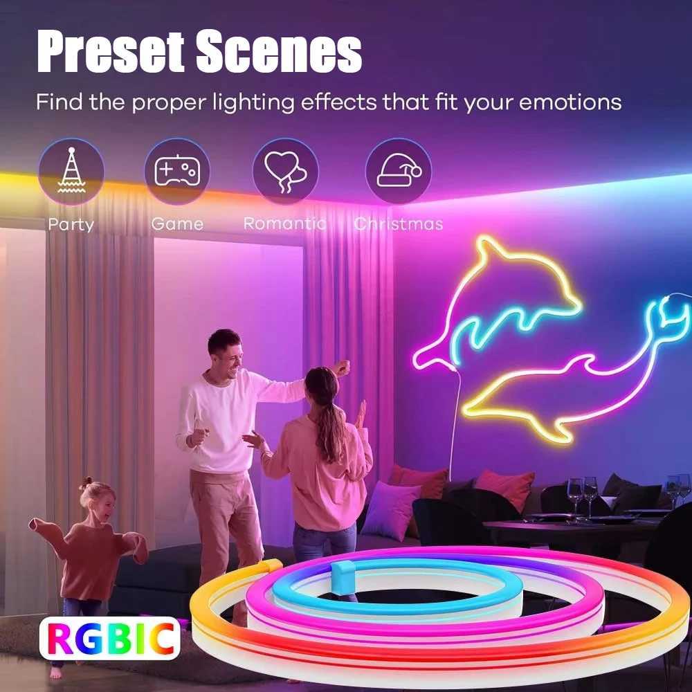 Wiscolor 5V LED RGBIC Neon Strip Light USB Silicone 1/2/3/5m Waterproof Music Sync With Remote Control For Room DIY Decor Light W250526