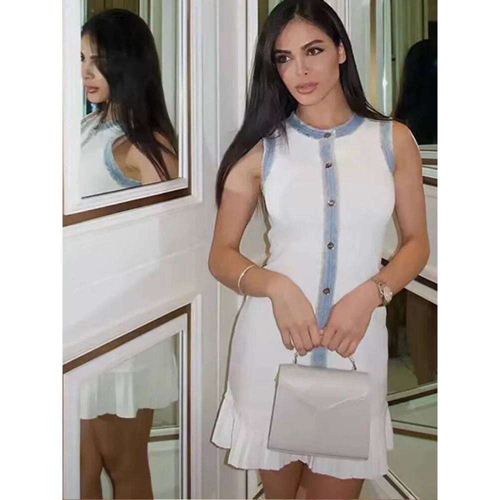 Women Elegant Pleated Patchwork Knitted Mini Dress Lady Round Neck Sleeveless Single Breasted Short Dresses 2025 Fashion Vestido