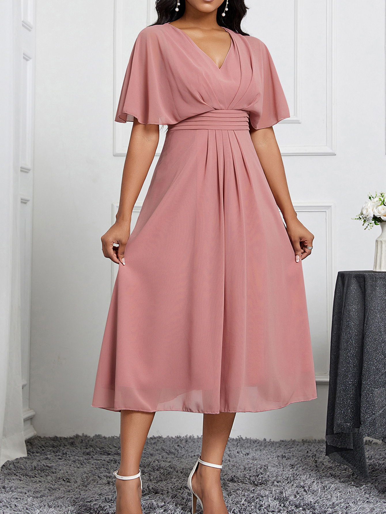 Small niche design style spring and summer new items pure color temperament elegant womens dress