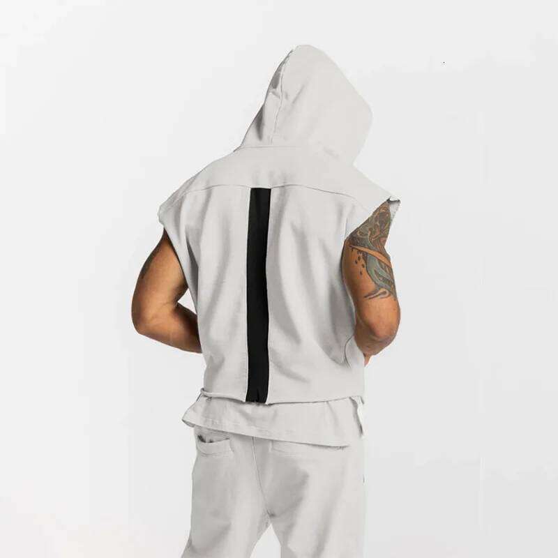 Korean Trend Trendy Loose Spring New Hooded Sleeveless T-Shirt Men's Solid Embroidery Patchwork Pockets Breathable Sports Tops