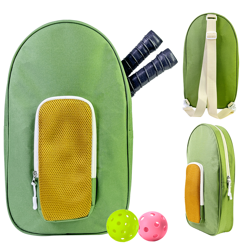 Sports racket bag with single shoulder strap, hook ball pocket, oval shaped activity tennis, sports pickle bag