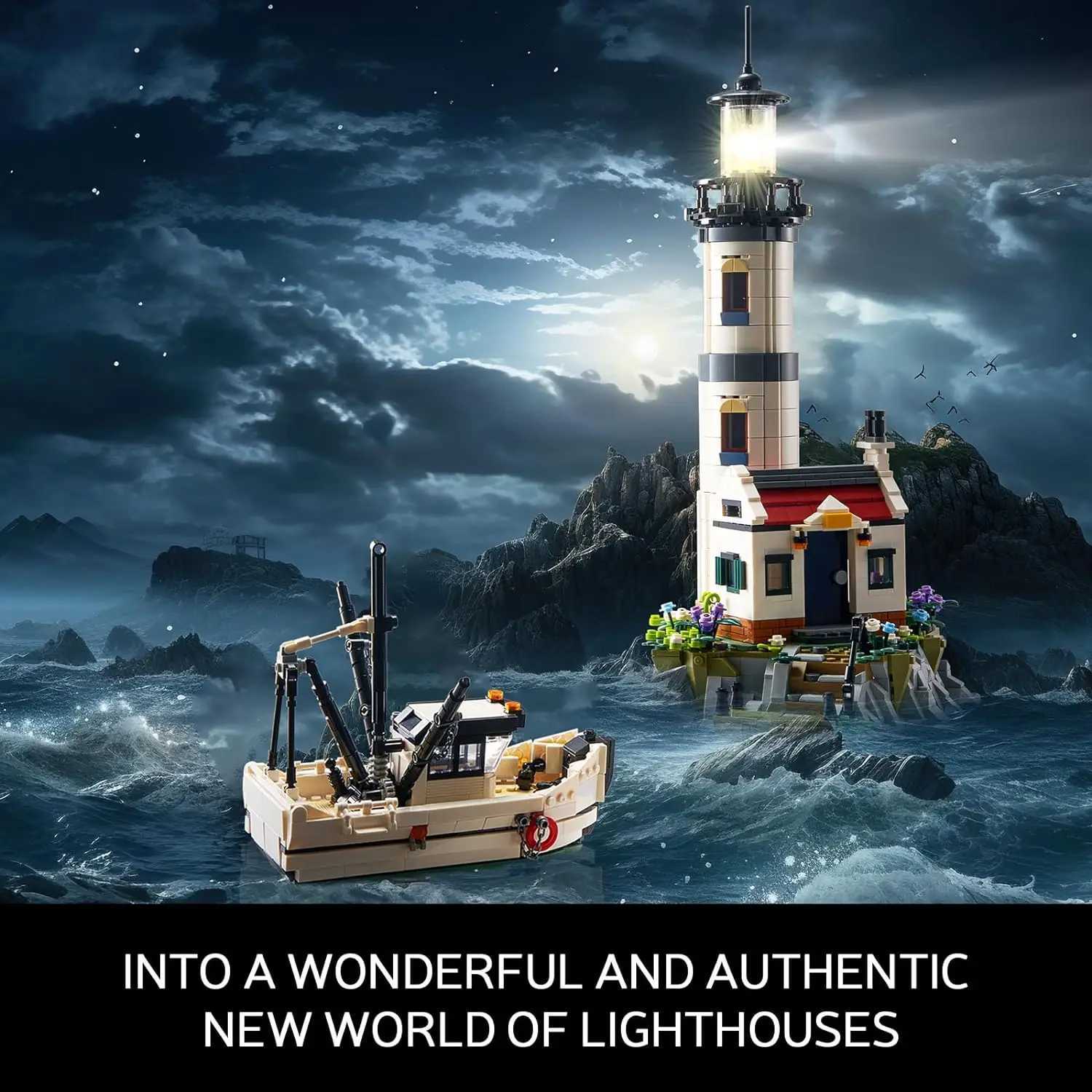 1677PCS Electric Lighthouse Building Blocks Fisherman Rescue Boats Lighthouse Model Bricks With Light Kids Toys Christmas Gifts M250526