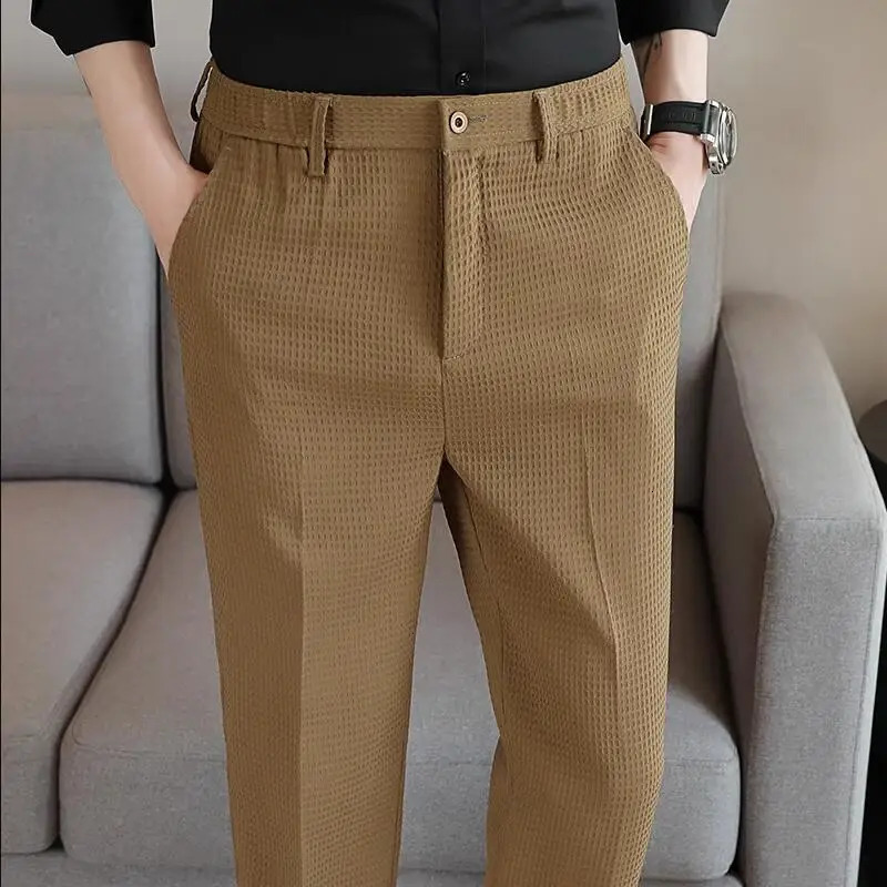 Men Waffle Suit Pants Black White Khaki Fashion Male Business Social Wedding Prom Party Dress Trousers 250526