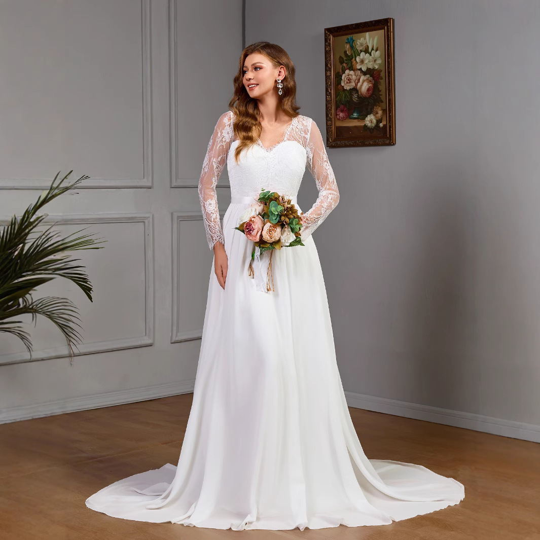 New Womens Sexy Lace Long Sleeve Wedding Dress with Chest Cotton Pendant Dress in White