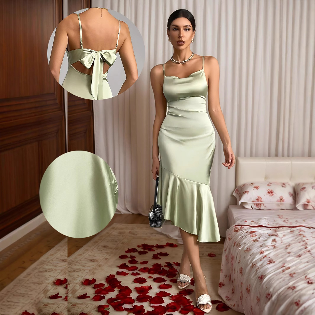 2025 ruffled satin dress for womens new light luxury niche new French fishtail dress