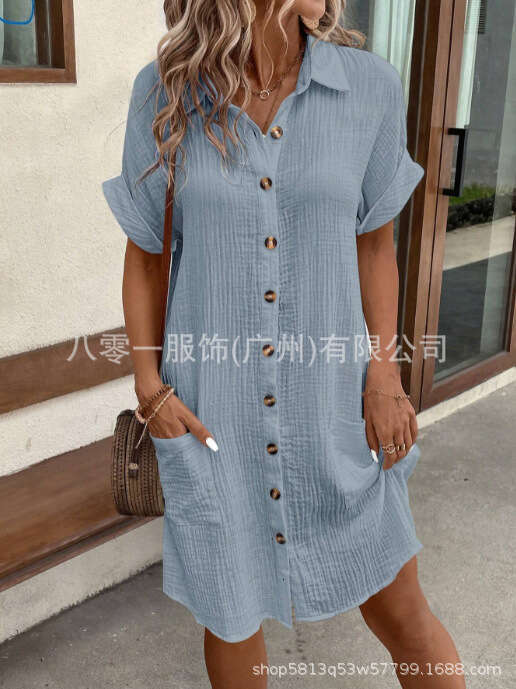 Backless Sexy Dress Casual Solid Color Cotton Linen Button Down Mid Length Short Sleeve Loose Dress Women S Clothing Sexy Flowy Dresses