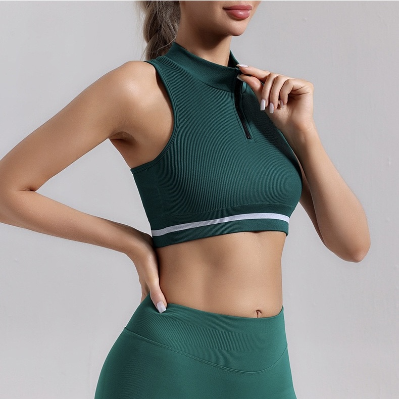 Semi-Open Zipper Threaded Sports Yoga Vest No Rim Running Fitness Tennis Training Sports Underwear