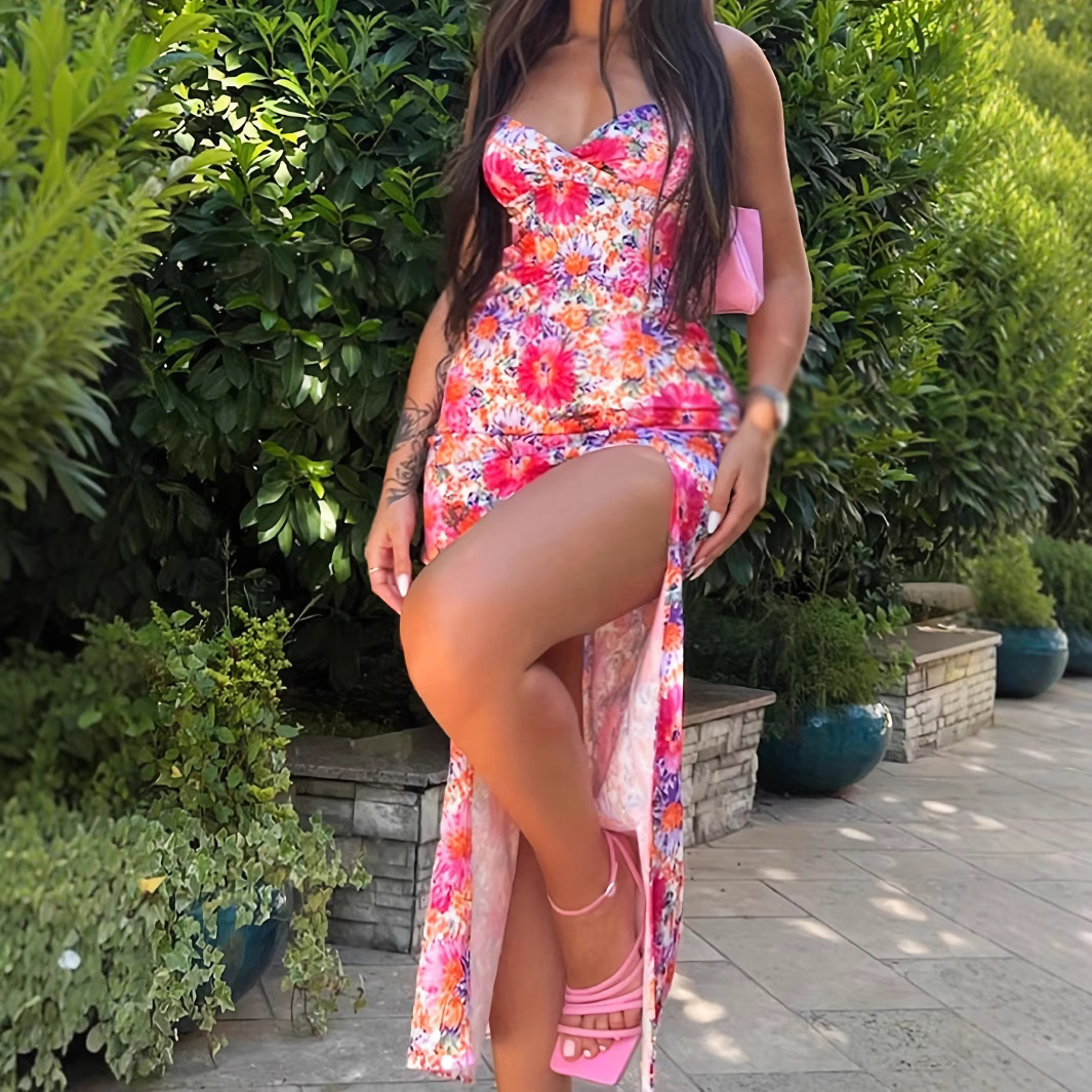 Wind womens clothing 2025 summer digital print V-neck suspender mid length split suspender dress