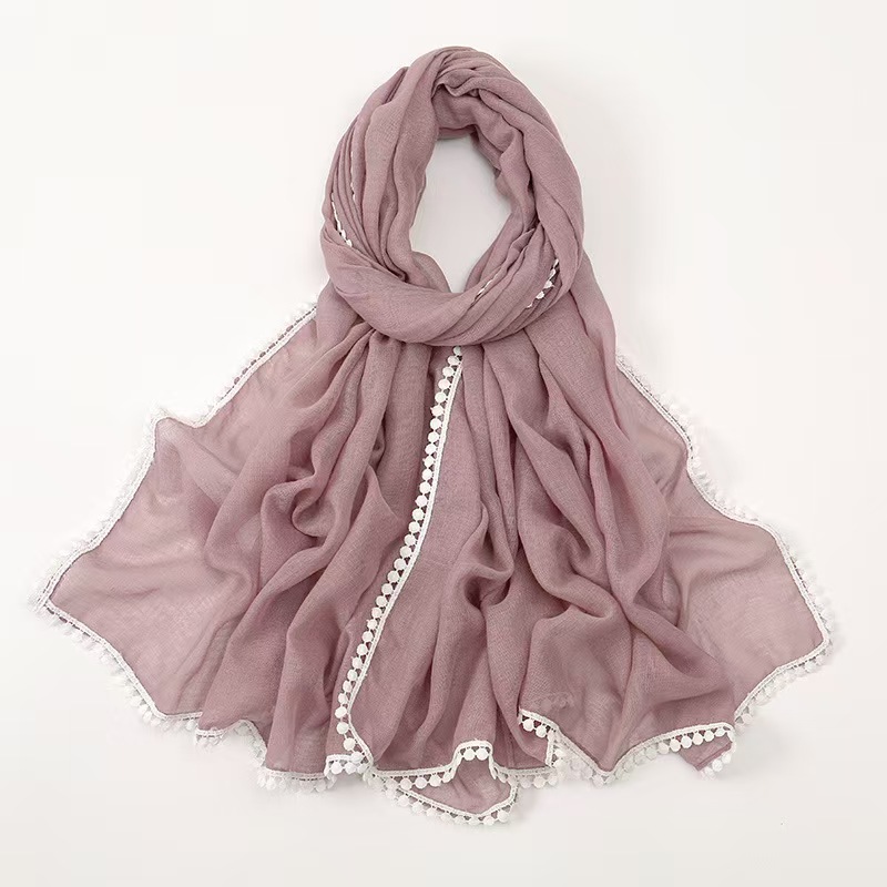 T807 new pure color simple ethnic headscarf scarf black and white lace Bali yarn long scarf female